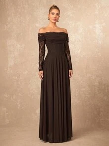 Lumalex Fall Winter Soft Flowy Mesh Lace Trim Long Sleeve Dress Going Out Vacation Outfits Cruise Outfit For Women - Coffee Brown - View 4