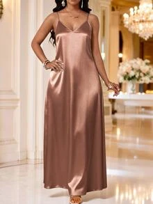 SHEIN Lady Plus Size Women Elegant Sexy Solid Color V-Neck Dress Party Date Night Dusty Rose Summer - Mocha Brown - View 3