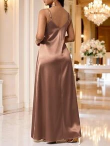 SHEIN Lady Plus Size Women Elegant Sexy Solid Color V-Neck Dress Party Date Night Dusty Rose Summer - Mocha Brown - View 2