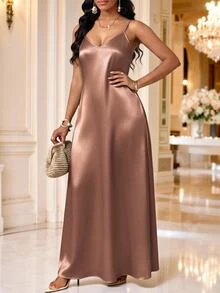 SHEIN Lady Plus Size Women Elegant Sexy Solid Color V-Neck Dress Party Date Night Dusty Rose Summer - Mocha Brown - View 5