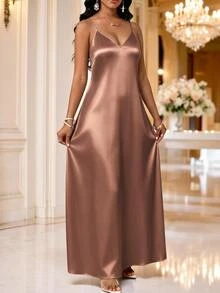 SHEIN Lady Plus Size Women Elegant Sexy Solid Color V-Neck Dress Party Date Night Dusty Rose Summer - Mocha Brown - View 4