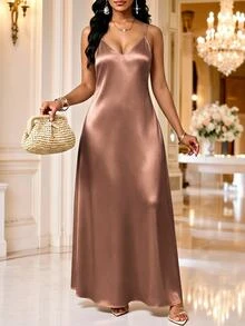 SHEIN Lady Plus Size Women Elegant Sexy Solid Color V-Neck Dress Party Date Night Dusty Rose Summer - Mocha Brown - View 1