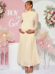 Loomaby Maternity Solid Color Pleated Casual Party Dress - Apricot - View 5