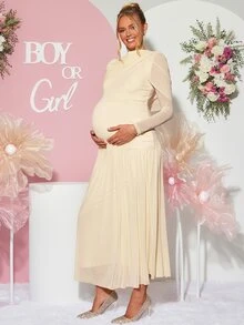 Loomaby Maternity Solid Color Pleated Casual Party Dress - Apricot - View 7