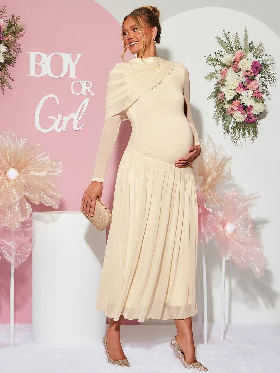 Loomaby Maternity Solid Color Pleated Casual Party Dress - Apricot - View 1