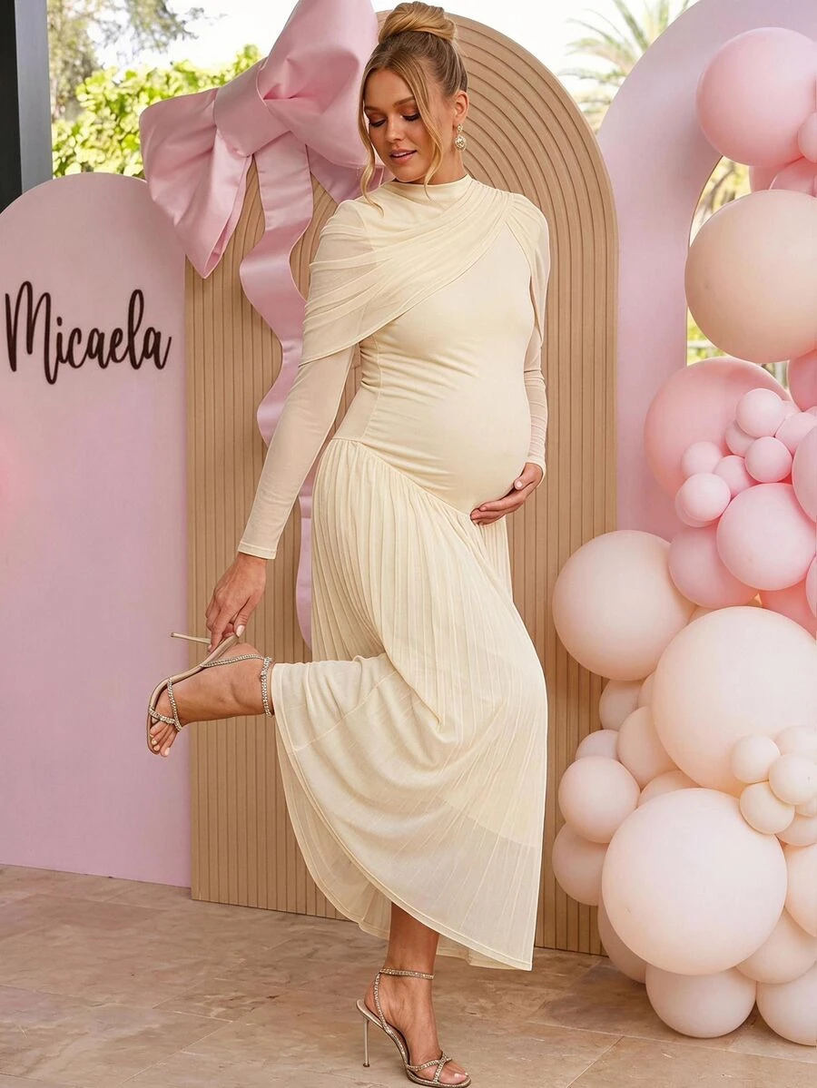 Loomaby Maternity Solid Color Pleated Casual Party Dress - Apricot - View 1