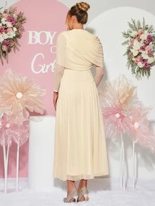 Loomaby Maternity Solid Color Pleated Casual Party Dress - Apricot - View 8