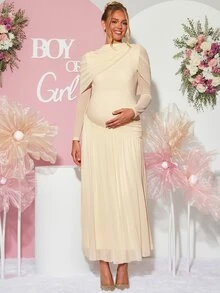Loomaby Maternity Solid Color Pleated Casual Party Dress - Apricot - View 4