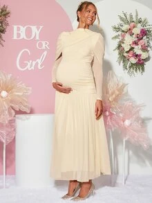 Loomaby Maternity Solid Color Pleated Casual Party Dress - Apricot - View 6
