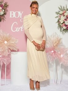Loomaby Maternity Solid Color Pleated Casual Party Dress - Apricot - View 3
