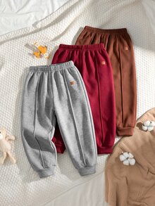 SHEIN 兒童 3件組 男孩女孩適用 可愛秋冬休閒百搭純色鬆緊腰長褲，男孩百搭長褲多件組 - 彩色 - 查看 2
