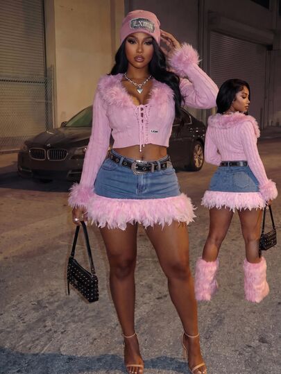 BriallanyX BriallanyX Women's Pink Feather Denim Mini Skirt
