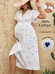 Boho Mama 哺乳V领爱心印花休闲短袖连衣裙 - 白色 - 查看 1