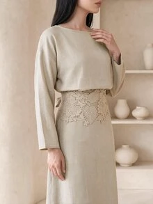 Veilorie 女款圓領落肩長袖對比蕾絲優雅洋裝 - 卡其色 - 查看 6