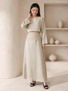 Veilorie 女款圓領落肩長袖對比蕾絲優雅洋裝 - 卡其色 - 查看 4