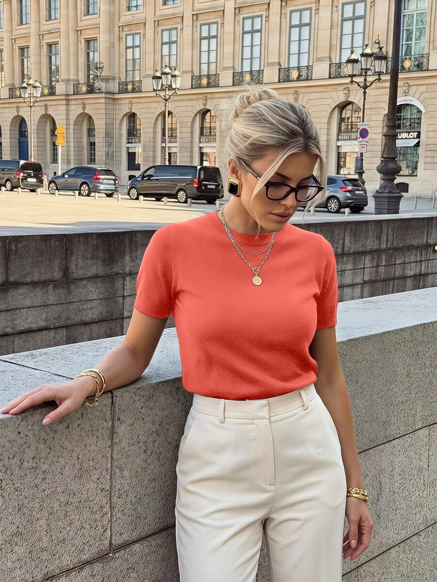 Pariaura Women's Solid Color Casual Versatile Knit Top For Daily Wear Everyday Coral Orange Summer - Coral Orange - View 1