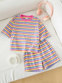 SHEIN 2pcs/Set Young Girl Colorblock Knit Soft Round Neck Short Sleeve Top And Elastic Waist Shorts Set,Multi Colored Rainbow Striped Summer Outfit,Casual - Baby Pink - View 9