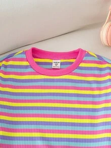 SHEIN 2pcs/Set Young Girl Colorblock Knit Soft Round Neck Short Sleeve Top And Elastic Waist Shorts Set,Multi Colored Rainbow Striped Summer Outfit,Casual - Baby Pink - View 5