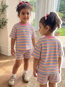 SHEIN 2pcs/Set Young Girl Colorblock Knit Soft Round Neck Short Sleeve Top And Elastic Waist Shorts Set,Multi Colored Rainbow Striped Summer Outfit,Casual - Baby Pink - View 1
