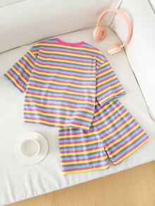 SHEIN 2pcs/Set Young Girl Colorblock Knit Soft Round Neck Short Sleeve Top And Elastic Waist Shorts Set,Multi Colored Rainbow Striped Summer Outfit,Casual - Baby Pink - View 3