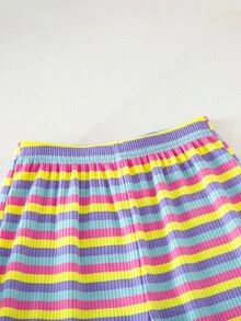 SHEIN 2pcs/Set Young Girl Colorblock Knit Soft Round Neck Short Sleeve Top And Elastic Waist Shorts Set,Multi Colored Rainbow Striped Summer Outfit,Casual - Baby Pink - View 6