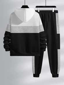 Lornexis Men's Contrast Color Patchwork Hoodie And Sweatpants Set Cozy Fall & Winter Styles - Multicolor - View 2