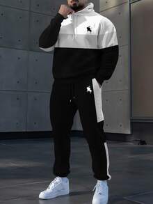 Lornexis Men's Contrast Color Patchwork Hoodie And Sweatpants Set Cozy Fall & Winter Styles - Multicolor - View 1