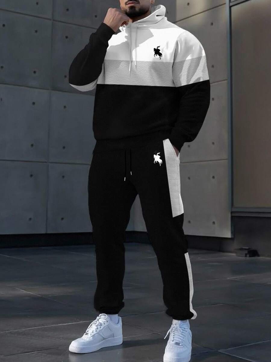 Lornexis Men's Contrast Color Patchwork Hoodie And Sweatpants Set Cozy Fall & Winter Styles - Multicolor - View 1