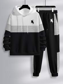 Lornexis Men's Contrast Color Patchwork Hoodie And Sweatpants Set Cozy Fall & Winter Styles - Multicolor - View 3