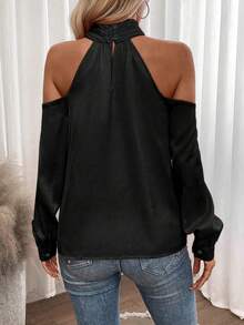 Pariaura Women's Elegant Off-Shoulder Solid Color Ruffle Long Sleeve Blouse, Autumn - Black - View 2