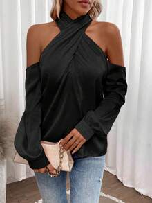 Pariaura Women's Elegant Off-Shoulder Solid Color Ruffle Long Sleeve Blouse, Autumn - Black - View 4