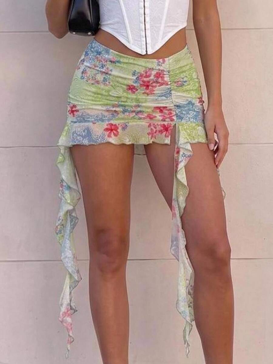 SHEIN ICON 复古印花褶饰系带迷你裙 - 綠色 - 查看 1