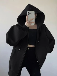 INAWLY 女士宽松休闲连帽拉链开衫 - 黑色 - 查看 4