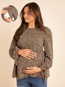 Boho Mama Maternity Casual Breastfeeding Shirt, Long Sleeve Bow Button Up Blouse For Pregnant Women Fall - Khaki - View 2