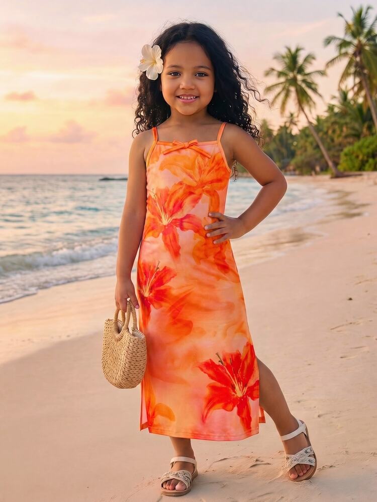 SHEIN Young Girl Summer Beach Vacation Fitted Casual Comfortable Floral Print Spaghetti Strap Dress, Soft And Comfortable, Bohemian, Music Festival - Orange - View 1