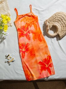 SHEIN 年轻女孩夏季海滩度假修身休闲舒适碎花吊带连衣裙，柔软舒适，波西米亚风，音乐节 - 橘色 - 查看 4
