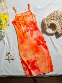 SHEIN 年轻女孩夏季海滩度假修身休闲舒适碎花吊带连衣裙，柔软舒适，波西米亚风，音乐节 - 橘色 - 查看 5