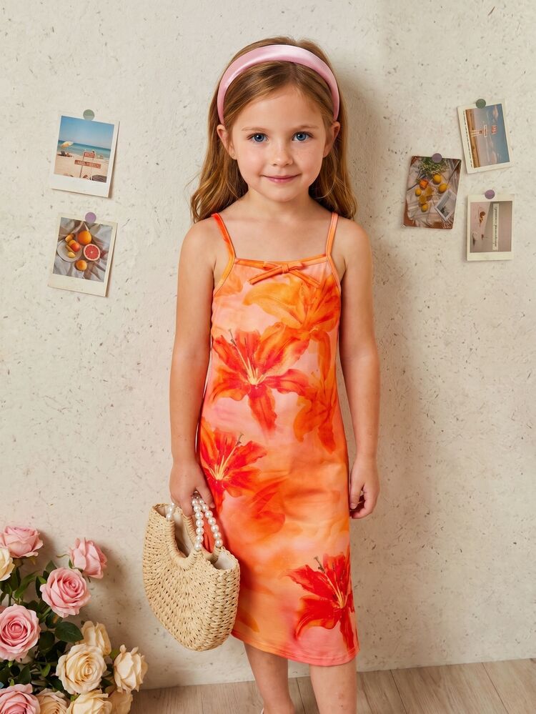 SHEIN Young Girl Summer Beach Vacation Fitted Casual Comfortable Floral Print Spaghetti Strap Dress, Soft And Comfortable, Bohemian, Music Festival - Orange - View 6