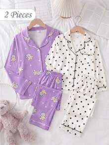 Kids Tween Girl 2pcs/Girls Elegant Polka Dot Print Cool Home Wear 2 Pieces Set, Suitable For Outdoor Wear - Apricot - View 16