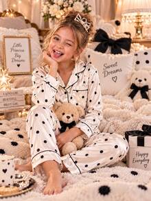 Kids Tween Girl 2pcs/Girls Elegant Polka Dot Print Cool Home Wear 2 Pieces Set, Suitable For Outdoor Wear - Apricot - View 5