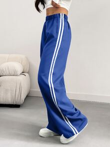 SHEIN Women's Casual Athleisure Contrast Color Side Palazzo Pants, Autumn Gym Blue And White Striped - Royal Blue - View 5