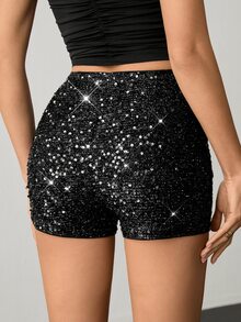 SHEIN Tall 時尚亮片裝飾修身短褲，適合通勤與派對，高個女性適用 - 黑色 - 查看 2