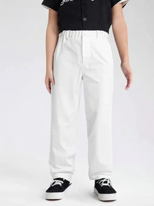 SHEIN Young Boy Solid Color Casual Pants Suitable For School Kindergarten Beach Parties For Autumn/Winter Wedding White - White - View 4