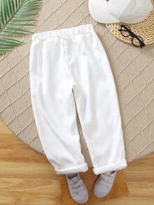 SHEIN Young Boy Solid Color Casual Pants Suitable For School Kindergarten Beach Parties For Autumn/Winter Wedding White - White - View 3