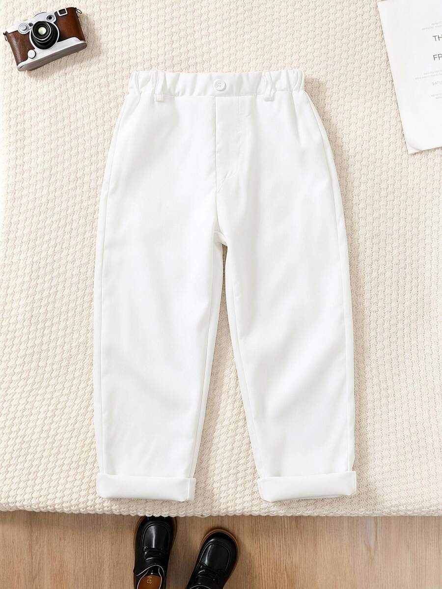 SHEIN Young Boy Solid Color Casual Pants Suitable For School Kindergarten Beach Parties For Autumn/Winter Wedding White