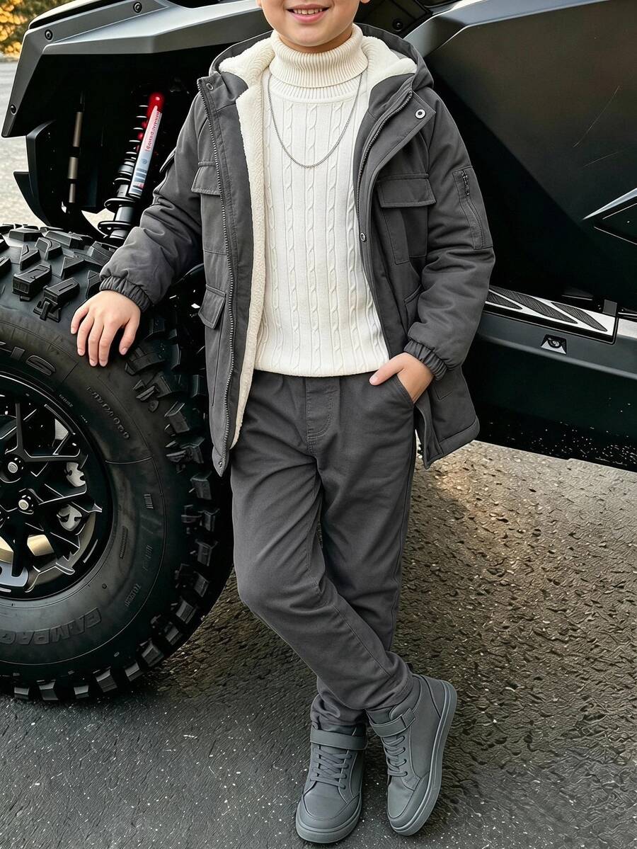 SHEIN Tween Boy Casual Baggy Modest Western Preppy Thermal Lined Zip Up Hooded Padded Coat, Winter Graduation Dark Grey Graduation