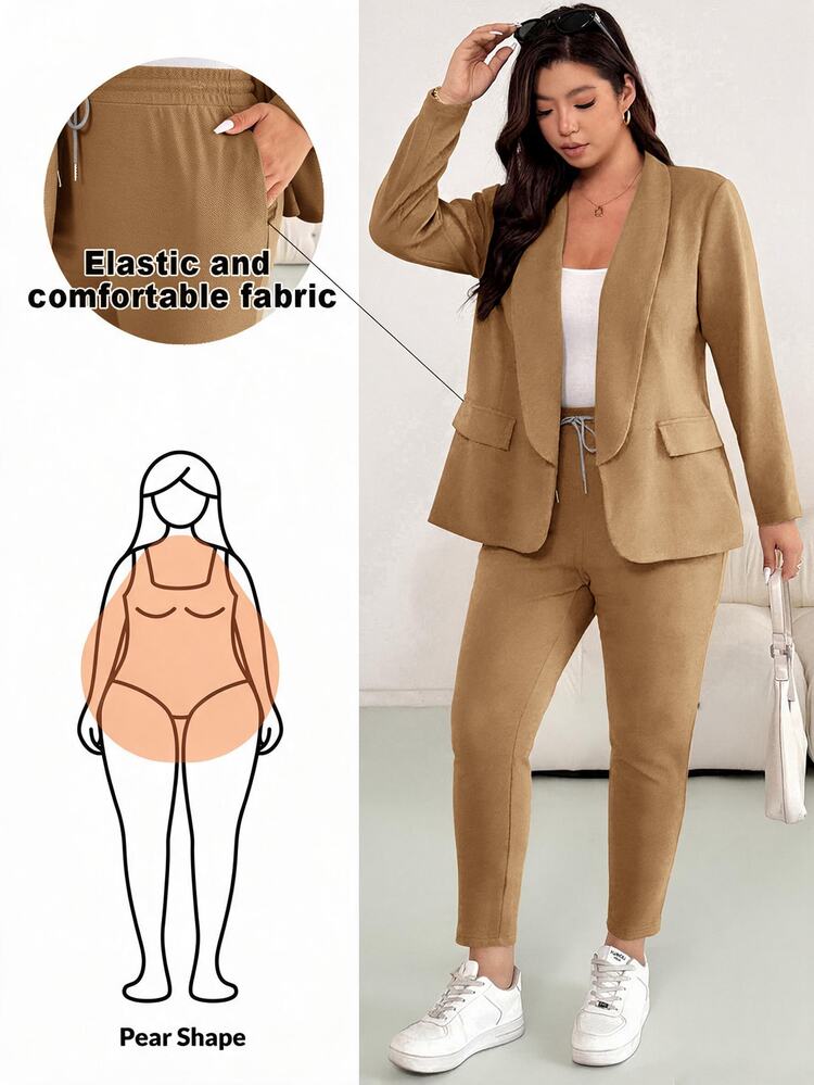 Shapeblank Plus Size Women's Navy Blue Autumn Casual Bussines Everyday Fashion Loose Comfortable Suit Jacket And Leggings Two Pieces Set,Fall Outfits,Work Wear - Khaki - View 1