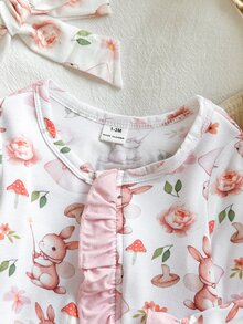 SHEIN 新生兒寶寶竹纖維可愛針織休閒卡通連身衣與頭帶套裝 - 白色 - 查看 5