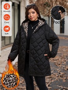 SHEIN Clasi 大尺碼舒適冬季拉鍊口袋連帽填充外套 - 黑色 - 查看 7