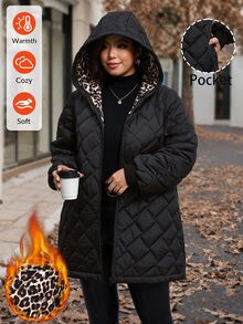 SHEIN Clasi 大尺碼舒適冬季拉鍊口袋連帽填充外套 - 黑色 - 查看 4